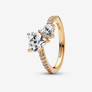 14k Gold-plated unique metal blend Pandora Double Heart Sparkling Ring Heart & Promise Rings | 312-SGJWVT