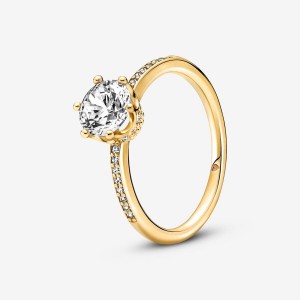 14k Gold-plated unique metal blend Pandora Clear Sparkling Crown Solitaire Ring Heart & Promise Rings | 695-BWOEXK