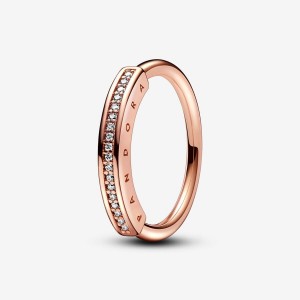 14k Rose gold-plated unique metal blend Pandora Pandora Signature I-D Pavé Ring Band Rings | 092-HYXBGM