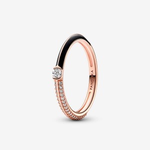 14k Rose gold-plated unique metal blend Pandora Pandora ME Pavé & Black Dual Ring Stackable Rings | 943-YTDPXK