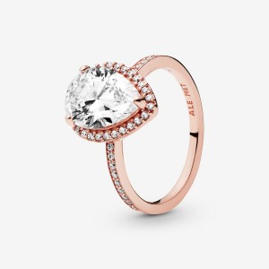 14k Rose gold-plated unique metal blend Pandora Sparkling Teardrop Halo Ring Heart & Promise Rings | 209-VNFGCQ