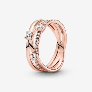 14k Rose gold-plated unique metal blend Pandora Sparkling Triple Band Ring Statement Rings | 316-EMYOLF