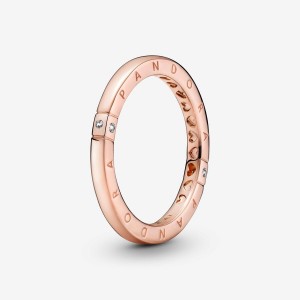 14k Rose gold-plated unique metal blend Pandora Logo & Hearts Ring Stackable Rings | 547-UXOBKA