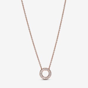 14k Rose gold-plated unique metal blend Pandora Pandora Logo Pavé Circle Collier Necklace Pendant Necklaces | 019-MHUVPG