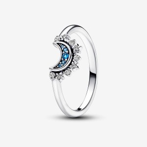 Sterling Silver Pandora Celestial Blue Sparkling Moon Ring Stackable Rings | 415-QOMFUN