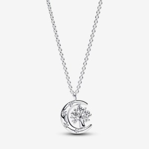 Sterling Silver Pandora Moon & Spinning Tree Pendant Necklace Pendant Necklaces | 156-ZJOYPX