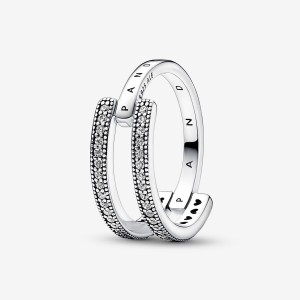 Sterling Silver Pandora Pandora Signature Logo & Pavé Double Band Ring Band Rings | 834-RWJCKL