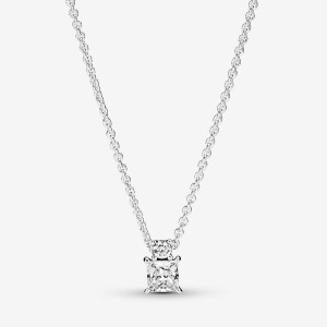 Sterling Silver Pandora Sparkling Collier Round & Square Pendant Necklace Pendant Necklaces | 256-WBFGCX