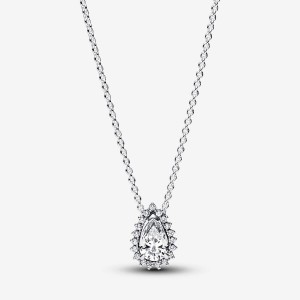 Sterling Silver Pandora Sparkling Pear Halo Collier Necklace Pendant Necklaces | 691-NEZDLF