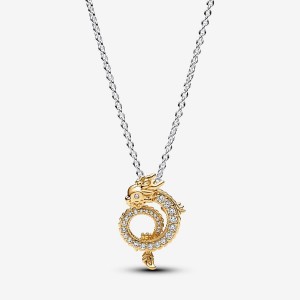 Sterling silver and 14k Gold-plated unique metal blend Pandora Two-tone Chinese Year of the Dragon Collier Necklace Pendant Necklaces | 096-PDHYTW