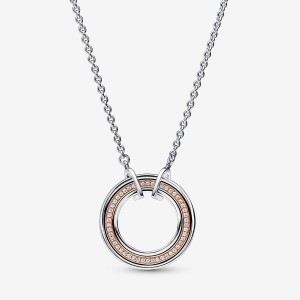 Sterling silver and 14k Rose gold-plated unique metal blend Pandora Pandora Signature Two tone Logo & Pavé Necklace Pendant Necklaces | 360-IOKPLQ