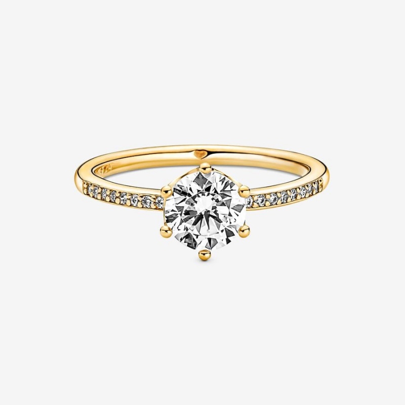 14k Gold-plated unique metal blend Pandora Clear Sparkling Crown Solitaire Ring Heart & Promise Rings | 695-BWOEXK