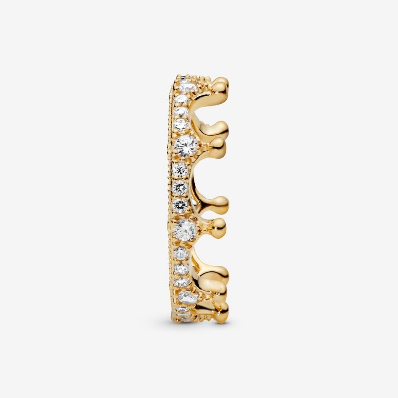 14k Gold-plated unique metal blend Pandora Clear Sparkling Crown Ring Stackable Rings | 705-FEJRQW