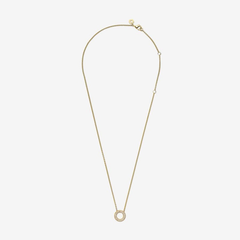 14k Gold-plated unique metal blend Pandora Pandora Logo Pavé Circle Collier Necklace Pendant Necklaces | 607-BMRPIE