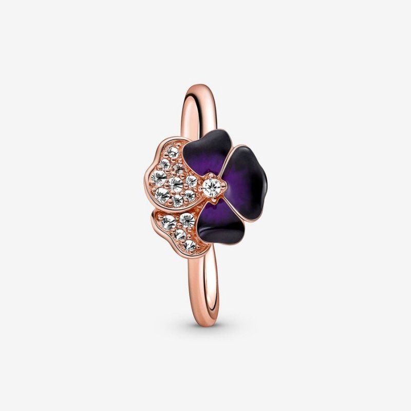 14k Rose gold-plated unique metal blend Pandora Deep Purple Pansy Flower Ring Statement Rings | 026-OFYURQ