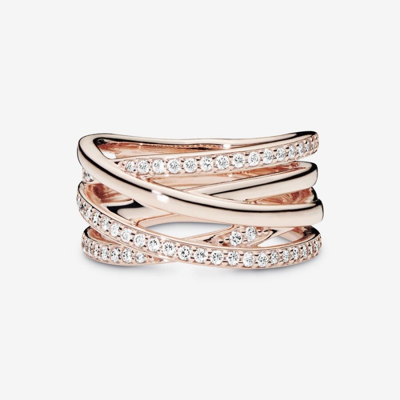 14k Rose gold-plated unique metal blend Pandora Sparkling & Polished Lines Ring Band Rings | 623-FHPGMB