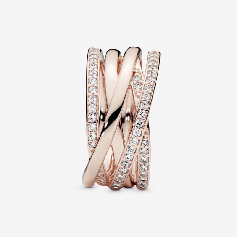 14k Rose gold-plated unique metal blend Pandora Sparkling & Polished Lines Ring Band Rings | 623-FHPGMB