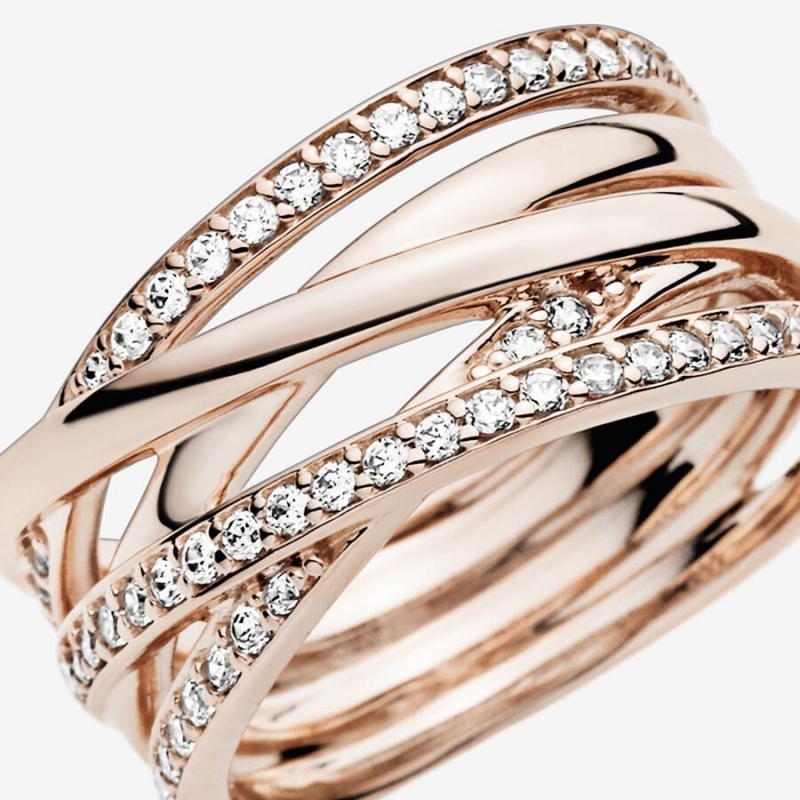 14k Rose gold-plated unique metal blend Pandora Sparkling & Polished Lines Ring Band Rings | 623-FHPGMB