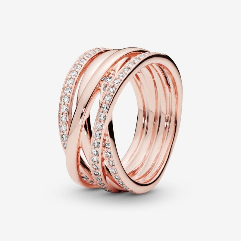 14k Rose gold-plated unique metal blend Pandora Sparkling & Polished Lines Ring Band Rings | 623-FHPGMB