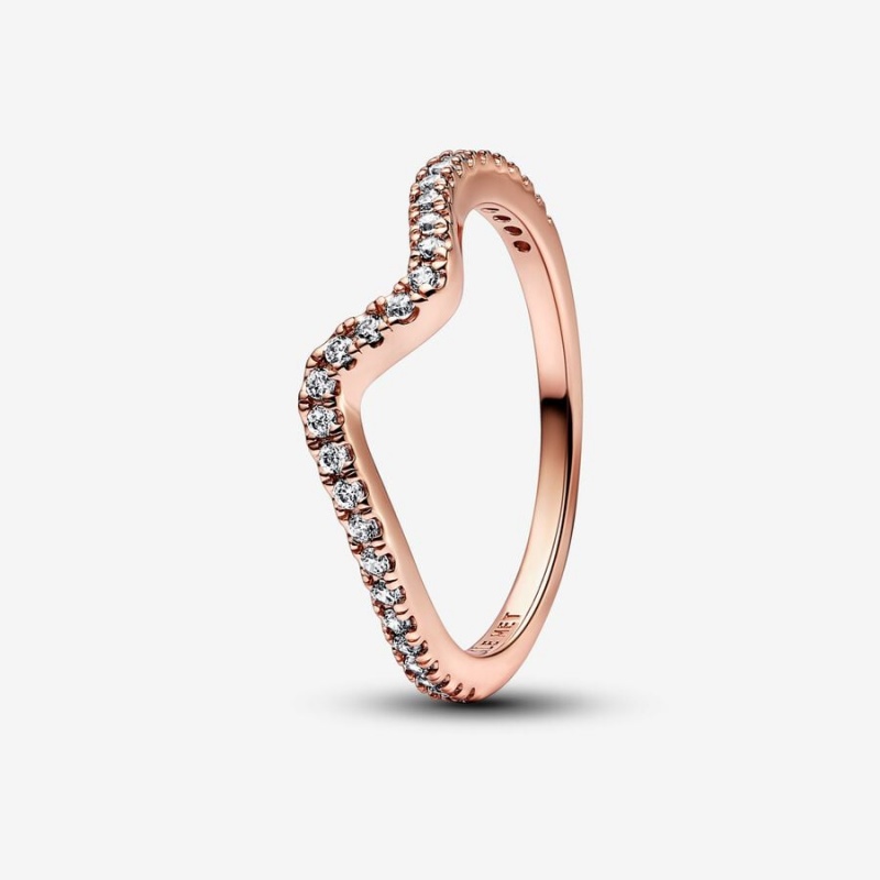 14k Rose gold-plated unique metal blend Pandora Sparkling Wave Ring Stackable Rings | 581-HXTQSO