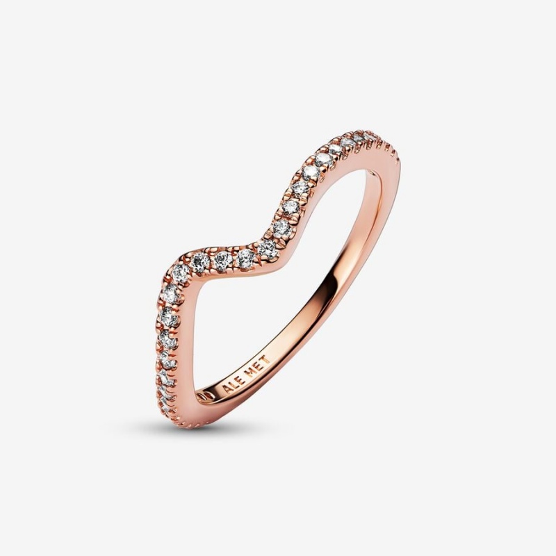 14k Rose gold-plated unique metal blend Pandora Sparkling Wave Ring Stackable Rings | 581-HXTQSO