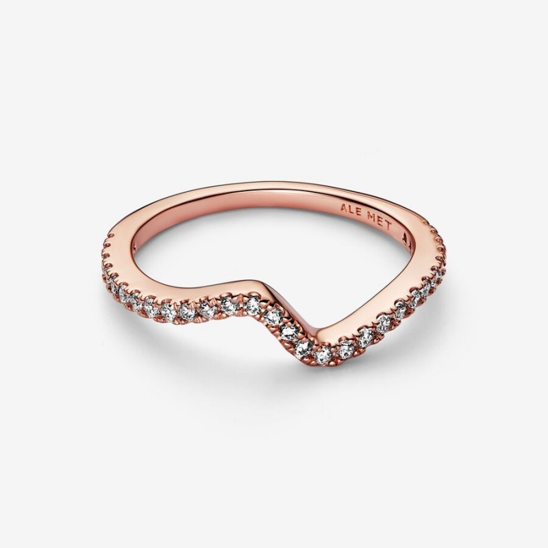 14k Rose gold-plated unique metal blend Pandora Sparkling Wave Ring Stackable Rings | 581-HXTQSO