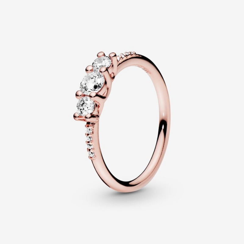 14k Rose gold-plated unique metal blend Pandora Clear Three-Stone Ring Heart & Promise Rings | 347-SBPVKY