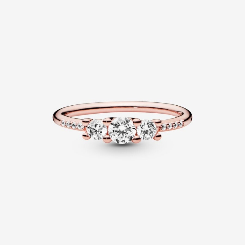 14k Rose gold-plated unique metal blend Pandora Clear Three-Stone Ring Heart & Promise Rings | 347-SBPVKY