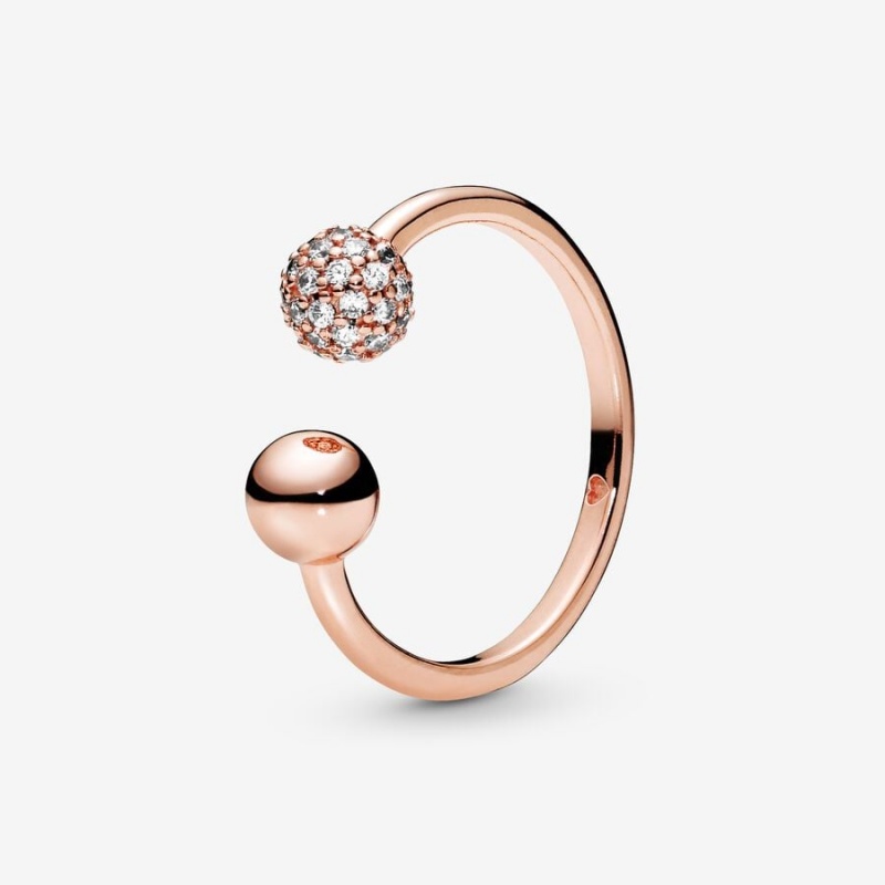 14k Rose gold-plated unique metal blend Pandora Polished & Pavé Bead Open Ring Statement Rings | 215-KYHINL