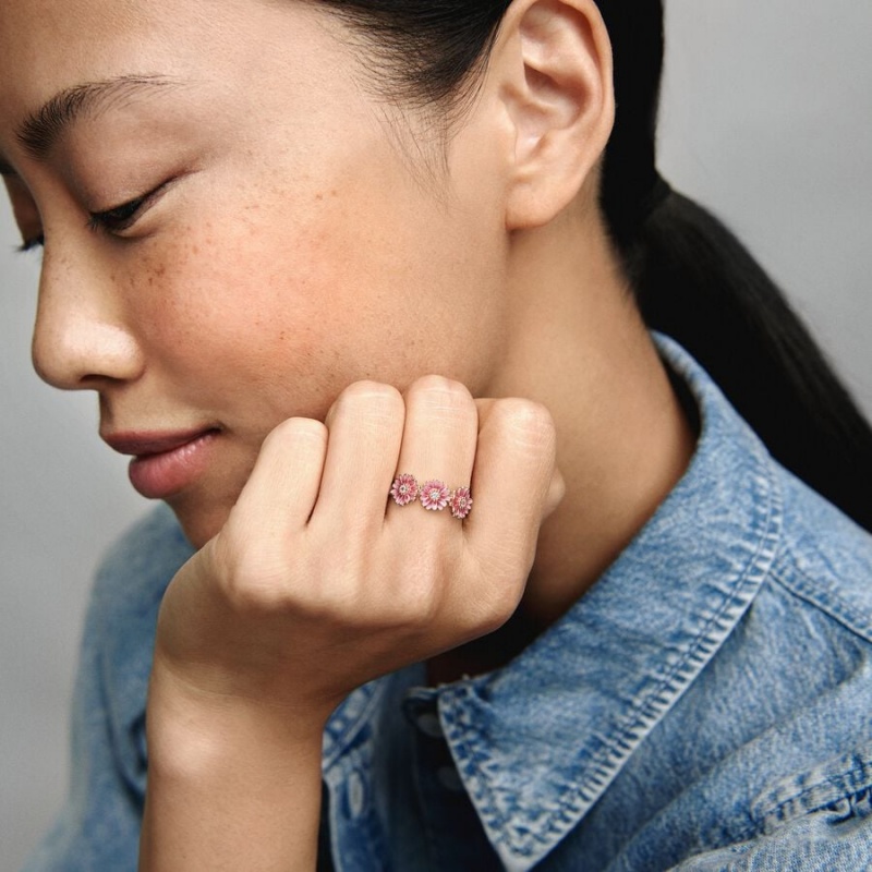 14k Rose gold-plated unique metal blend Pandora Pink Daisy Flower Trio Ring Statement Rings | 798-WSXZLT