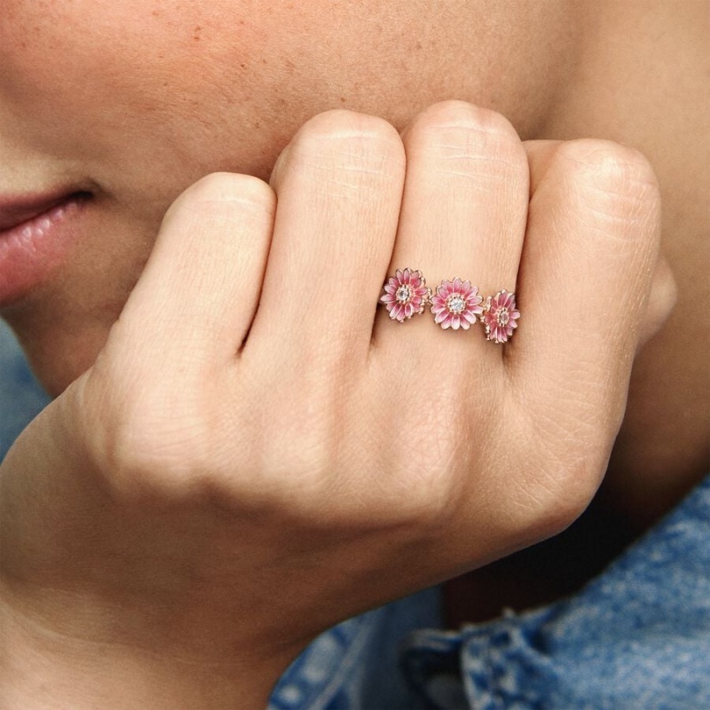 14k Rose gold-plated unique metal blend Pandora Pink Daisy Flower Trio Ring Statement Rings | 798-WSXZLT