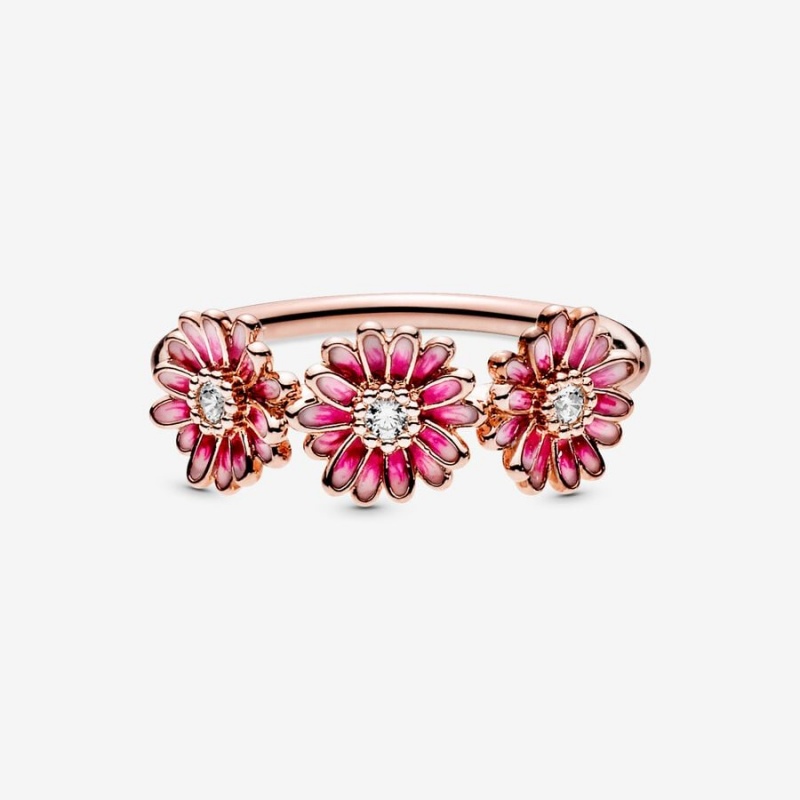 14k Rose gold-plated unique metal blend Pandora Pink Daisy Flower Trio Ring Statement Rings | 798-WSXZLT