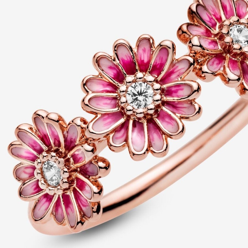 14k Rose gold-plated unique metal blend Pandora Pink Daisy Flower Trio Ring Statement Rings | 798-WSXZLT