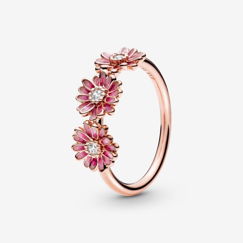 14k Rose gold-plated unique metal blend Pandora Pink Daisy Flower Trio Ring Statement Rings | 798-WSXZLT