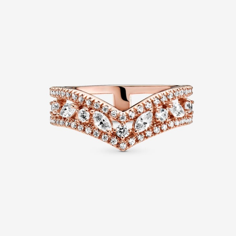 14k Rose gold-plated unique metal blend Pandora Sparkling Marquise Double Wishbone Ring Statement Rings | 258-FAKDGU