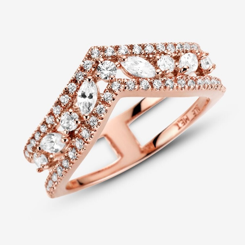 14k Rose gold-plated unique metal blend Pandora Sparkling Marquise Double Wishbone Ring Statement Rings | 258-FAKDGU