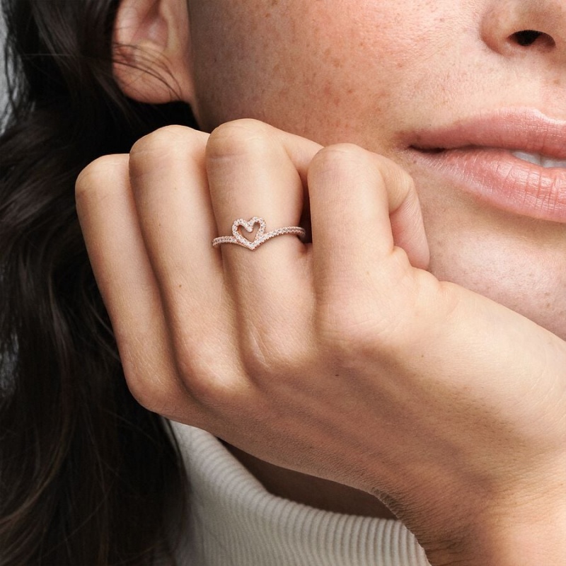 14k Rose gold-plated unique metal blend Pandora Sparkling Wishbone Heart Ring Heart & Promise Rings | 734-DXJUKT