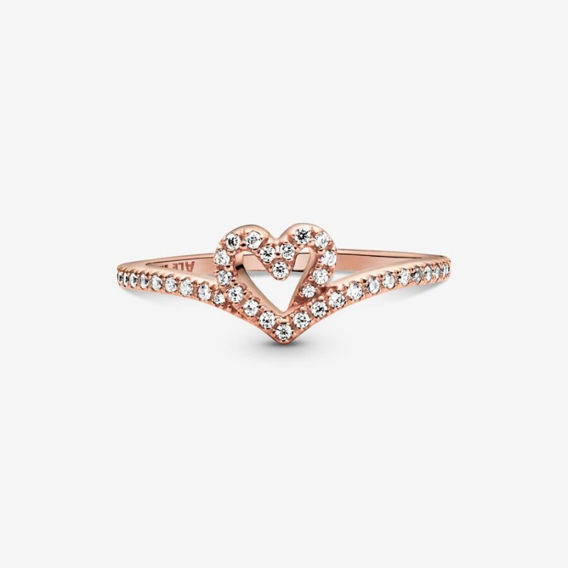 14k Rose gold-plated unique metal blend Pandora Sparkling Wishbone Heart Ring Heart & Promise Rings | 734-DXJUKT