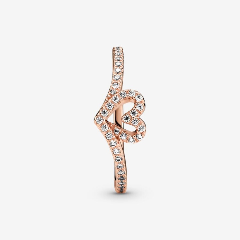 14k Rose gold-plated unique metal blend Pandora Sparkling Wishbone Heart Ring Heart & Promise Rings | 734-DXJUKT