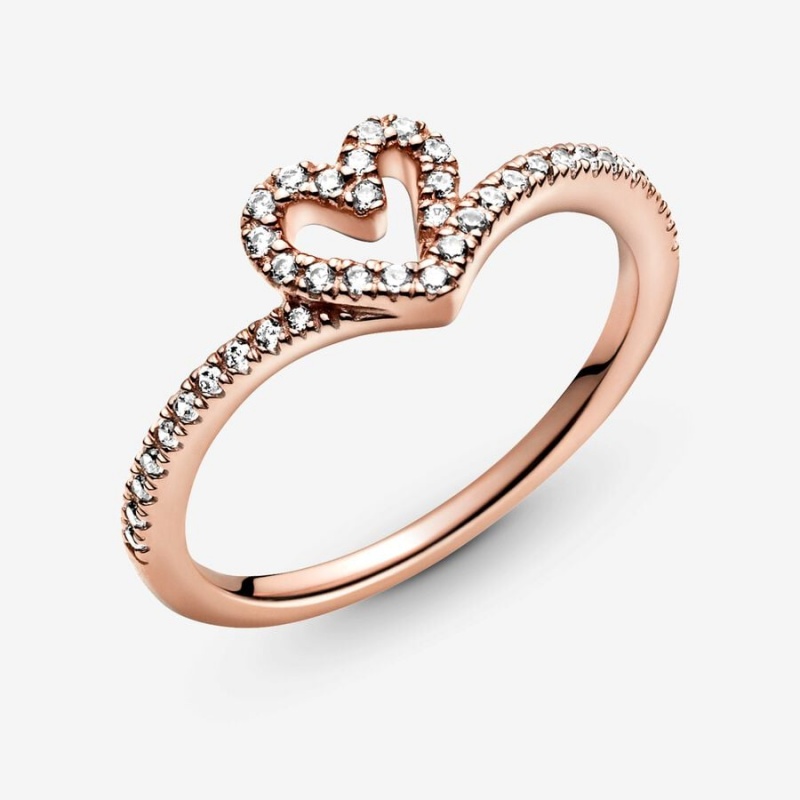 14k Rose gold-plated unique metal blend Pandora Sparkling Wishbone Heart Ring Heart & Promise Rings | 734-DXJUKT