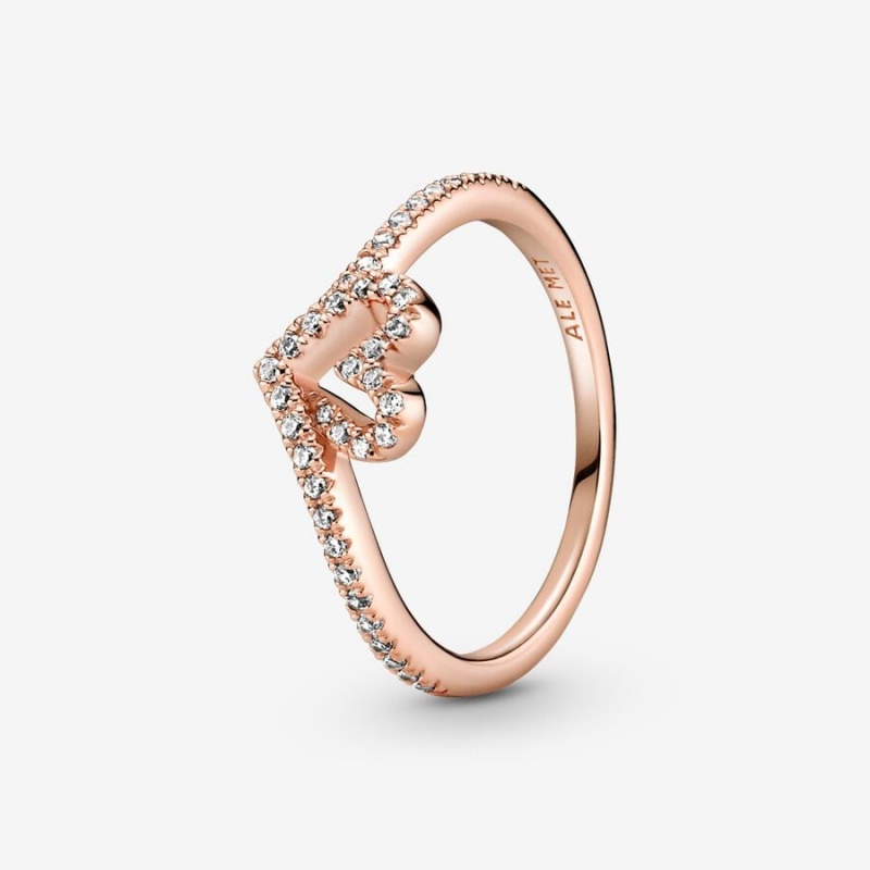 14k Rose gold-plated unique metal blend Pandora Sparkling Wishbone Heart Ring Heart & Promise Rings | 734-DXJUKT