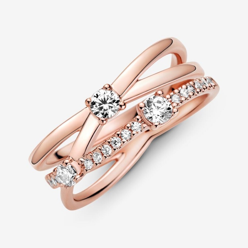 14k Rose gold-plated unique metal blend Pandora Sparkling Triple Band Ring Statement Rings | 316-EMYOLF