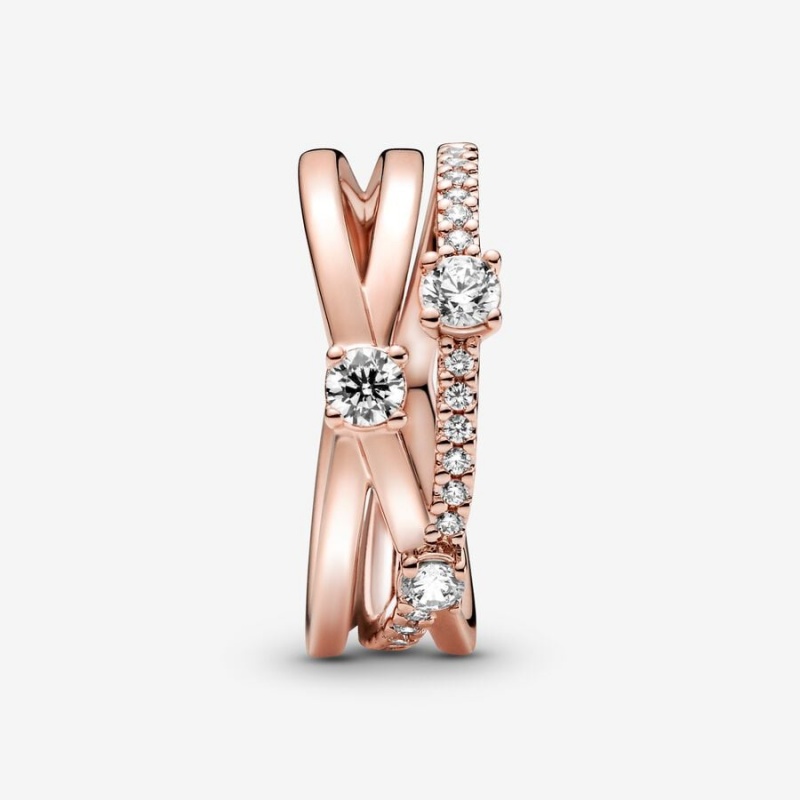 14k Rose gold-plated unique metal blend Pandora Sparkling Triple Band Ring Statement Rings | 316-EMYOLF