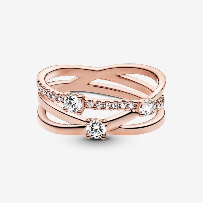 14k Rose gold-plated unique metal blend Pandora Sparkling Triple Band Ring Statement Rings | 316-EMYOLF