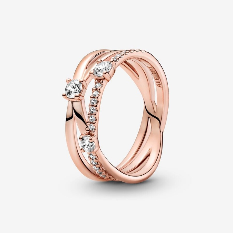 14k Rose gold-plated unique metal blend Pandora Sparkling Triple Band Ring Statement Rings | 316-EMYOLF