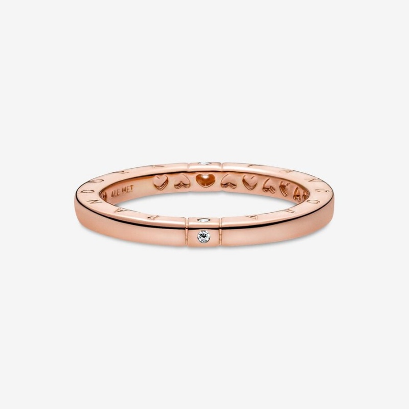 14k Rose gold-plated unique metal blend Pandora Logo & Hearts Ring Stackable Rings | 547-UXOBKA