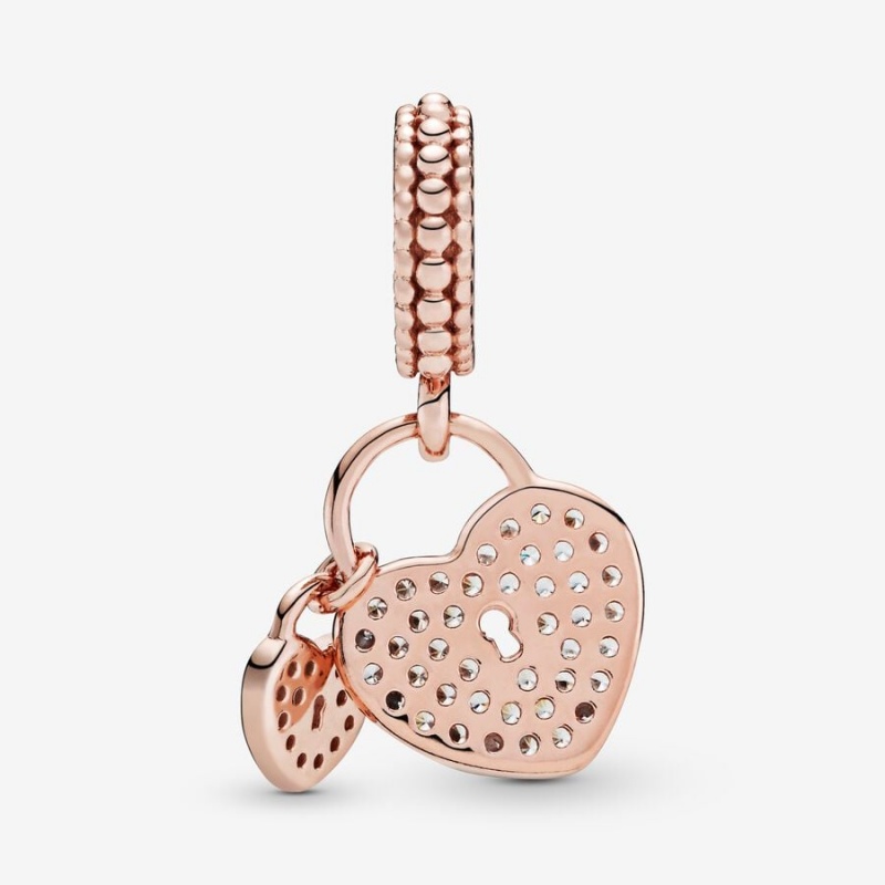 14k Rose gold-plated unique metal blend Pandora Pavé Heart Padlocks Dangle Charm Dangle Charms | 257-LQXTIK