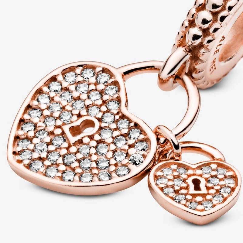 14k Rose gold-plated unique metal blend Pandora Pavé Heart Padlocks Dangle Charm Dangle Charms | 257-LQXTIK