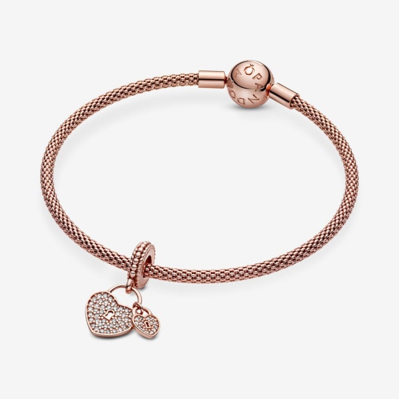 14k Rose gold-plated unique metal blend Pandora Pavé Heart Padlocks Dangle Charm Dangle Charms | 257-LQXTIK