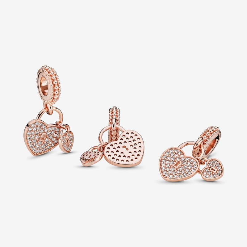 14k Rose gold-plated unique metal blend Pandora Pavé Heart Padlocks Dangle Charm Dangle Charms | 257-LQXTIK